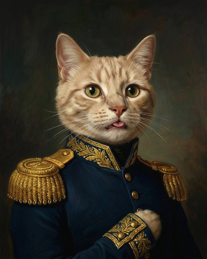 Renaissance style royal portrait of a ginger tabby cat in a navy military jacket