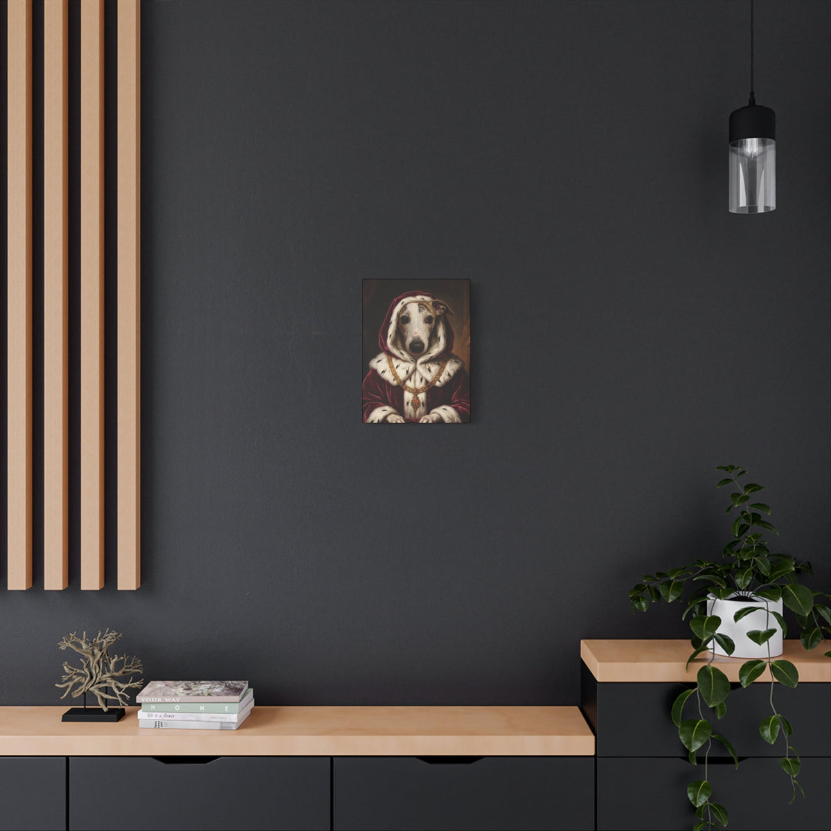 Custom pet portrait canvas hanging on a wall above a shelf