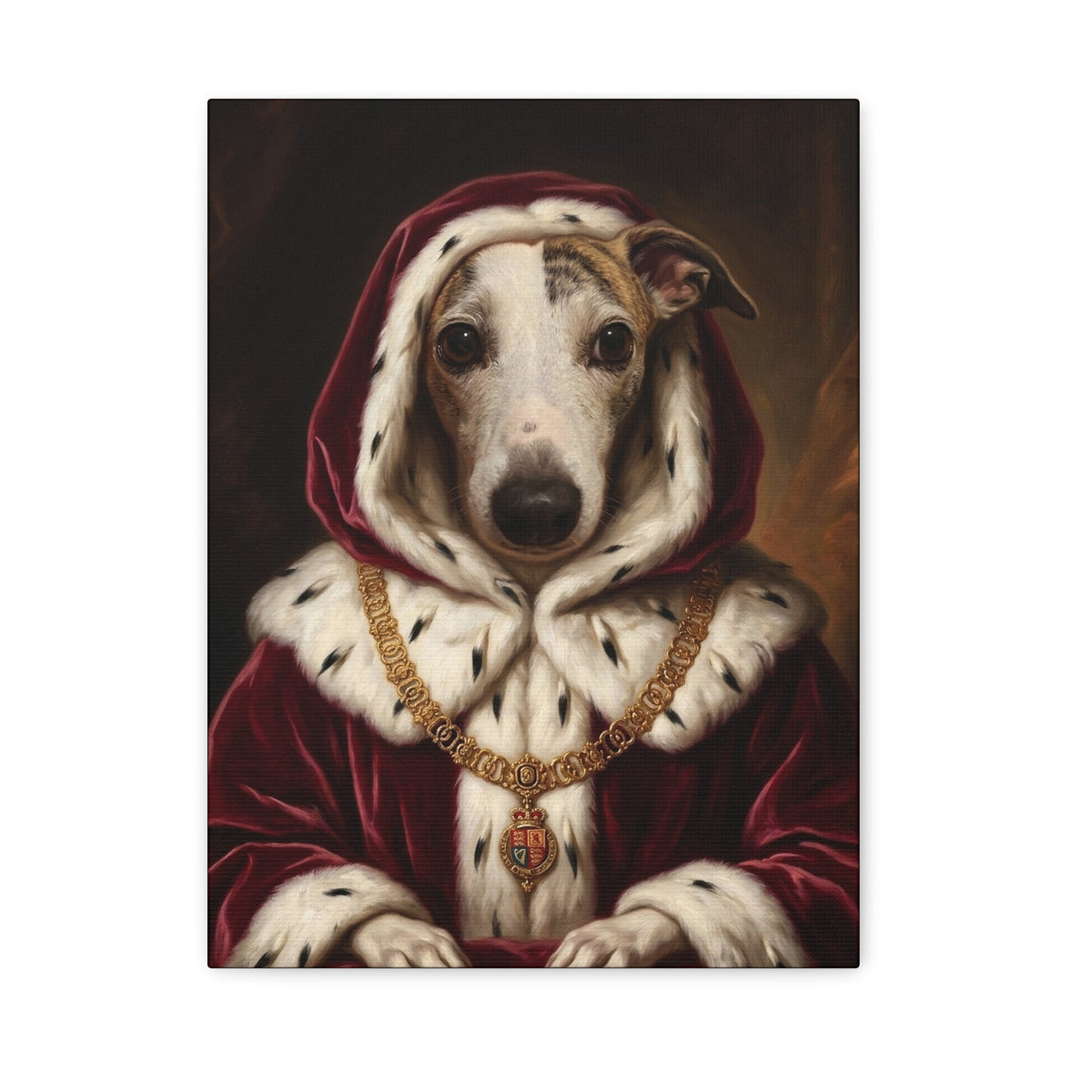 Memorial royal portrait of a whippet in a red velvet robe