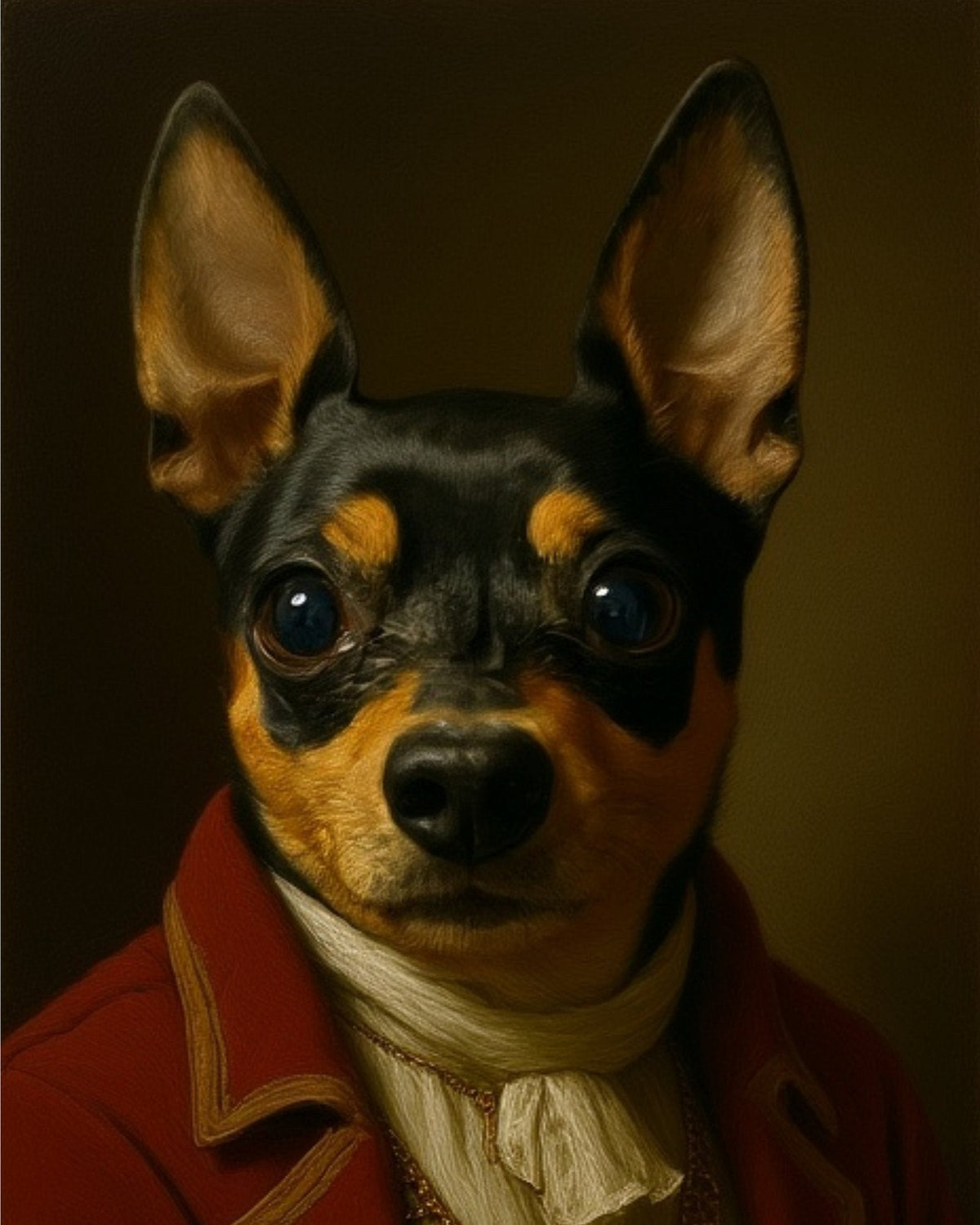 Royal portrait of a miniature pinscher created from a phone photo