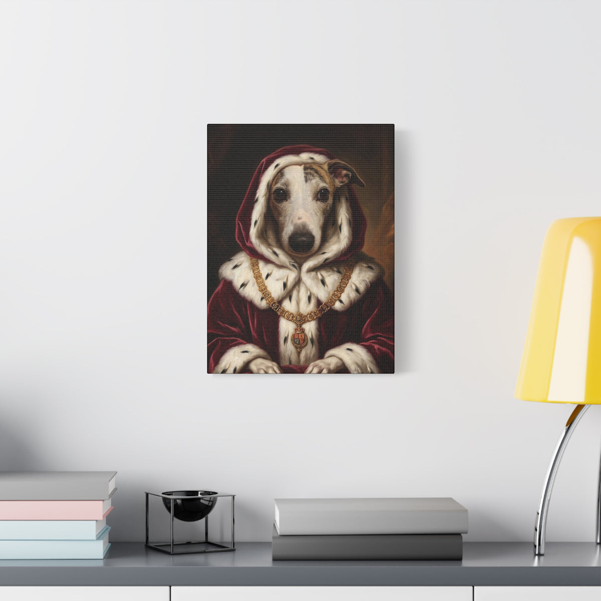 Royal dog portrait canvas on a white wall beside a yellow lamp