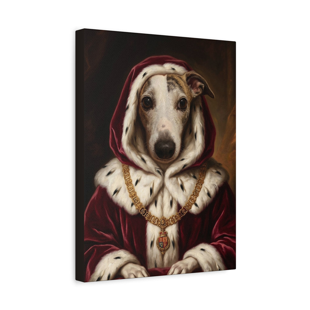 Royal pet portrait on stretched matte canvas, angled view showing the gallery-wrapped edge