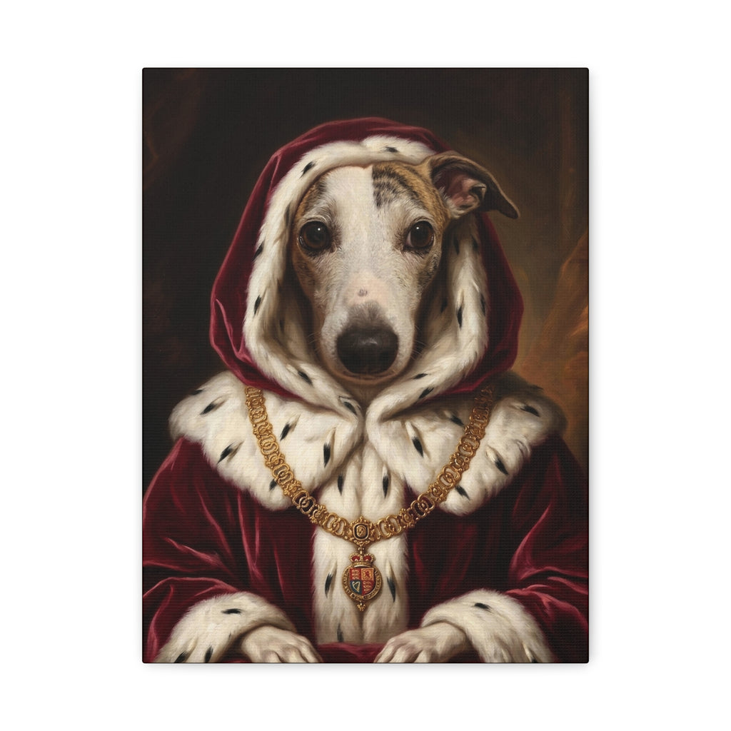 Custom royal pet portrait of a whippet in a red velvet ermine robe and gold chain, oil painting style canvas