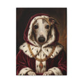 Custom royal pet portrait of a whippet in a red velvet ermine robe and gold chain, oil painting style canvas