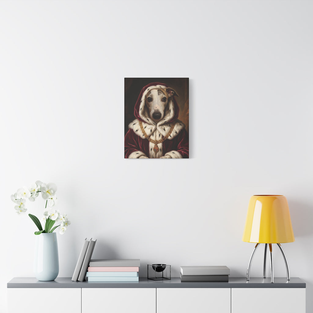 Custom pet portrait canvas displayed in a bright living room with flowers