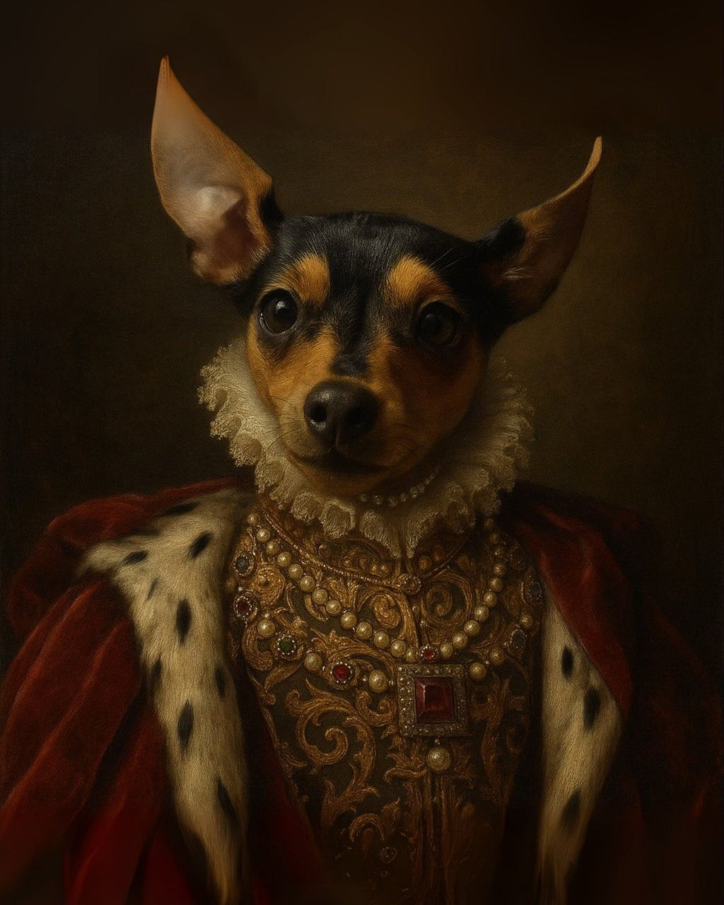 Renaissance pet portrait of a miniature pinscher in an ermine robe with pearls and jewels
