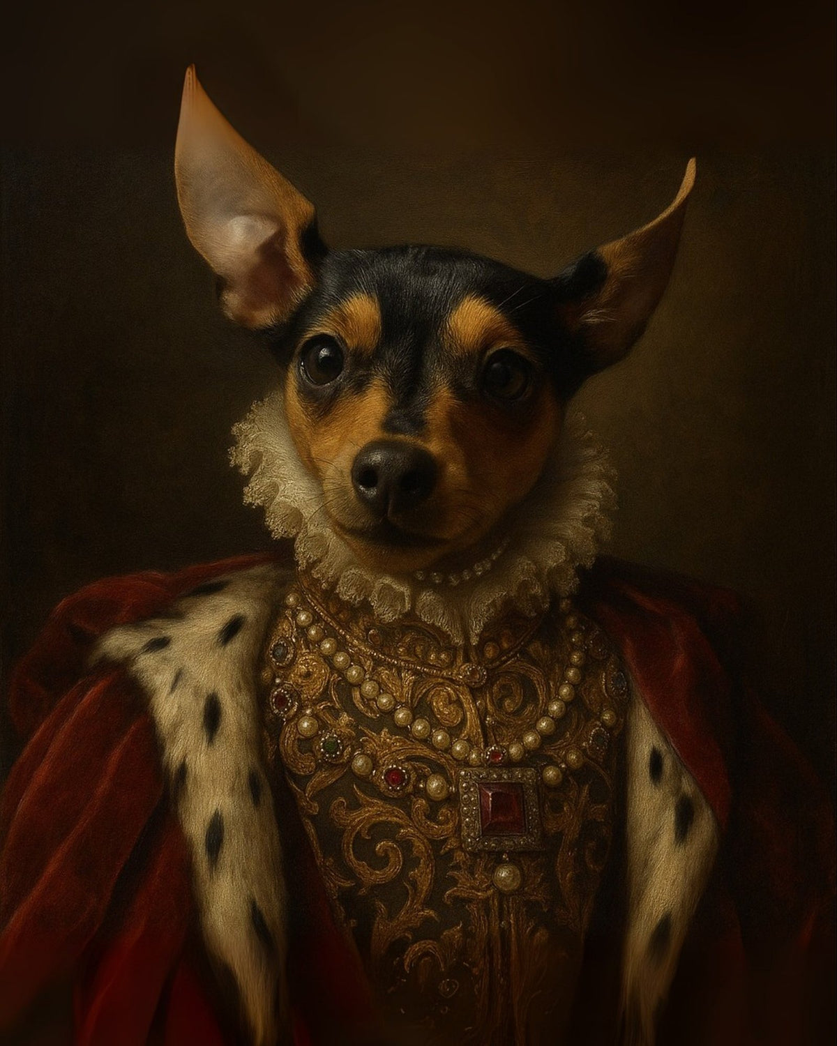 Renaissance pet portrait of a miniature pinscher in an ermine robe with pearls and jewels